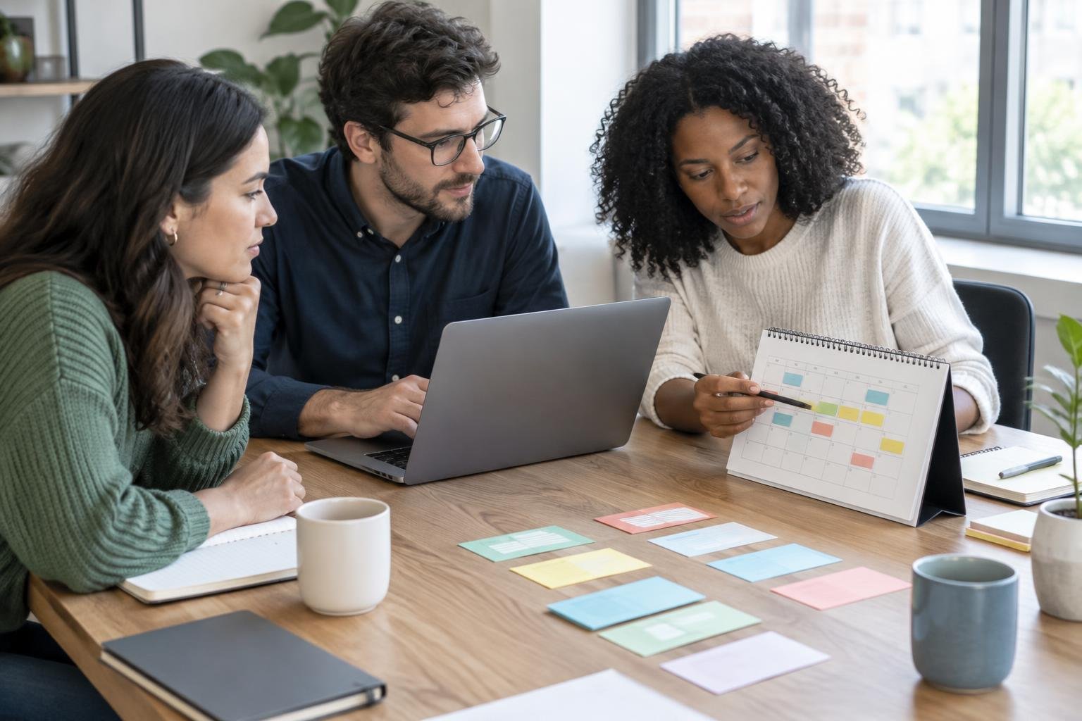 A marketing team organizing content ideas and publishing dates around a laptop and desk calendar.