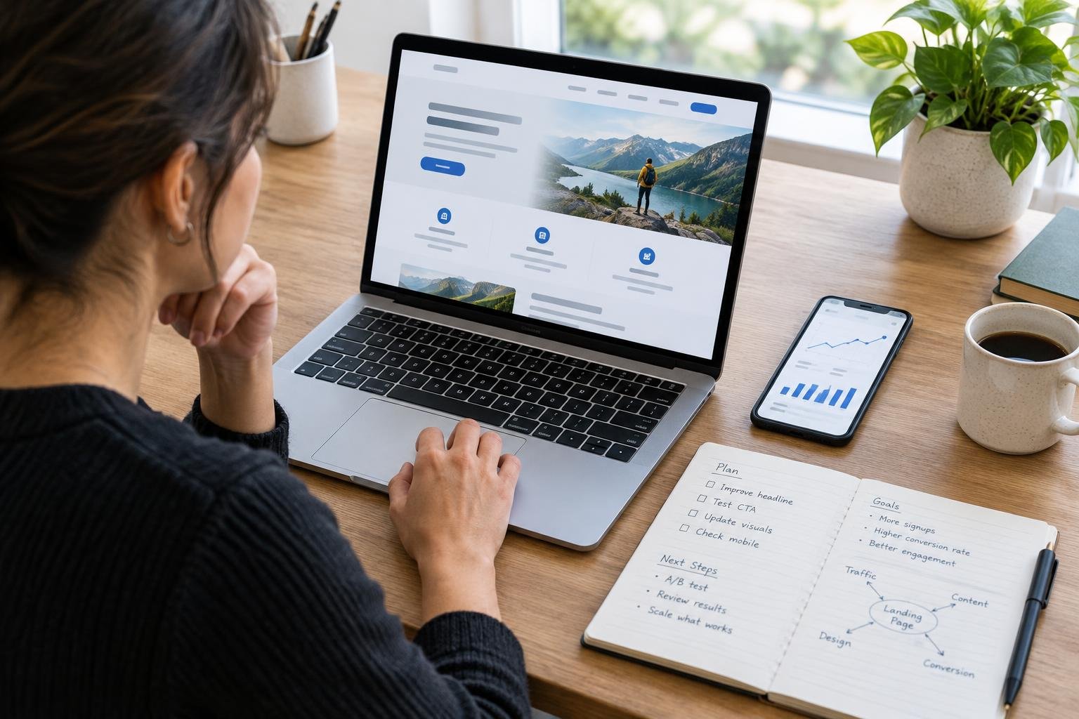 A marketer reviews a landing page on a laptop and phone while planning improvements at a desk.