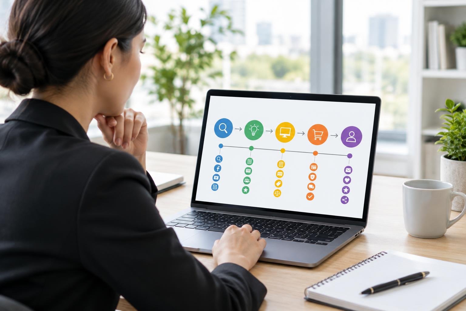 Marketing analyst reviewing connected customer journey touchpoints on a laptop